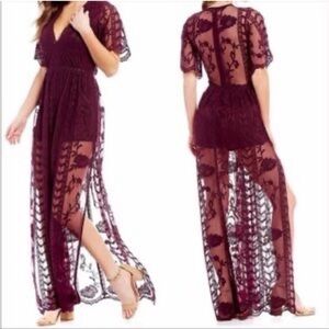 Gianni Bini Plum Lace Overlay Maxi Romper Dress